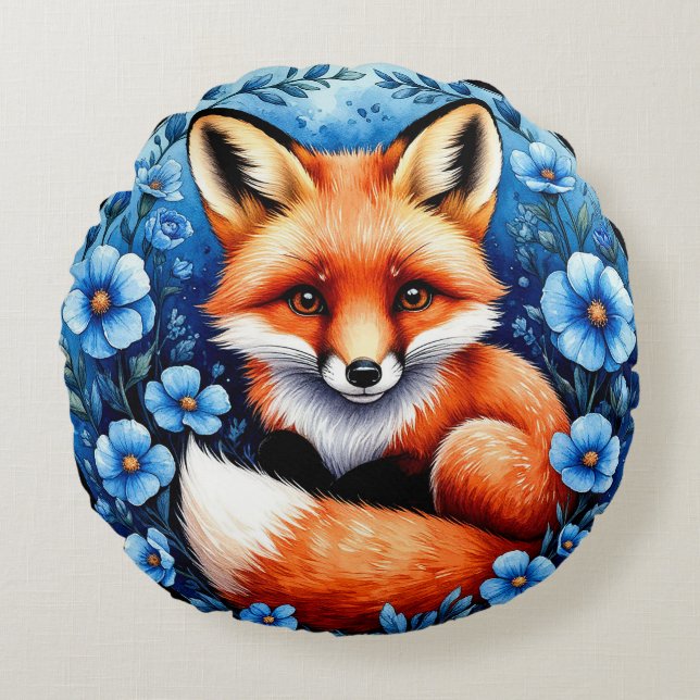 Fox Surrounded by Blue Flowers Round Cushion (Front)