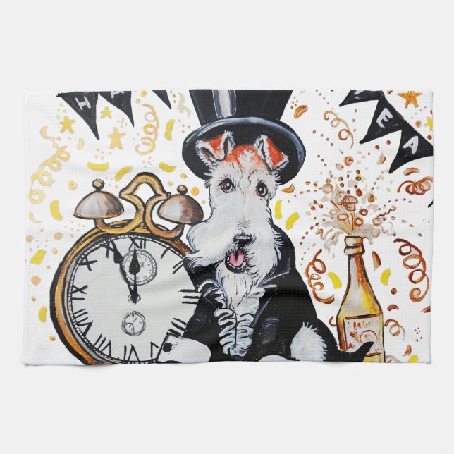 Fox Terrier Happy New Year Tea Towel (Horizontal)