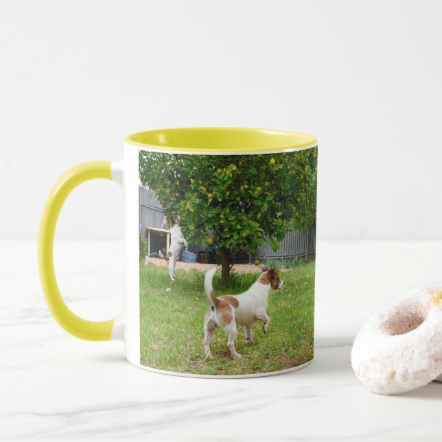 Fox Terrier Leaping Into A Tree, Mug (With Donut)
