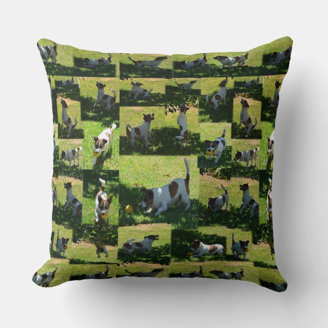 Fox Terrier Playing, Photo Collarge Large Cushion. Cushion (Front)