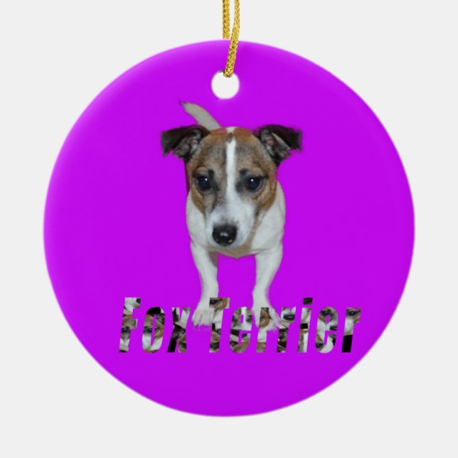 Fox Terrier With Logo, Purple Ceramic Ornament. Tree Decoration (Front)