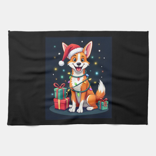 Fox Terrier Xmas Lighting Santa Fox Terrier Dog Ch Tea Towel (Horizontal)