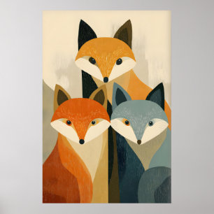 Fox Trio Art Print, Stylized Faces, Orange and Poster