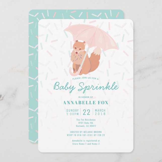 Fox Umbrella Mint Baby Sprinkle Shower Invitation (Front/Back)