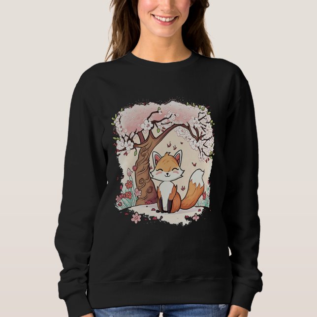 Fox Vaporwave Under Cherry Blossom Japanese Aesthe Sweatshirt (Front)