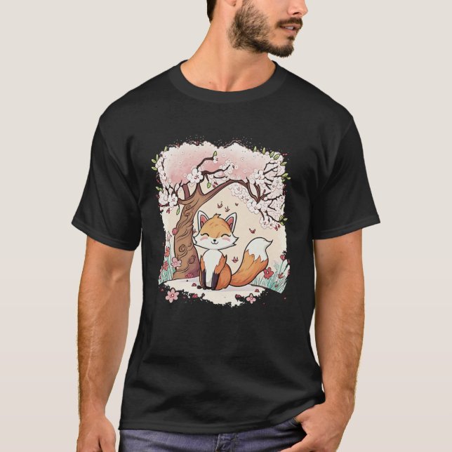 Fox Vaporwave Under Cherry Blossom Japanese Aesthe T-Shirt (Front)
