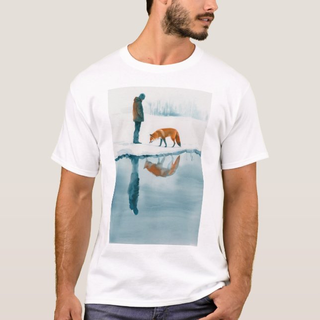 Fox Walking Beside Snow River Reflection T-Shirt (Front)