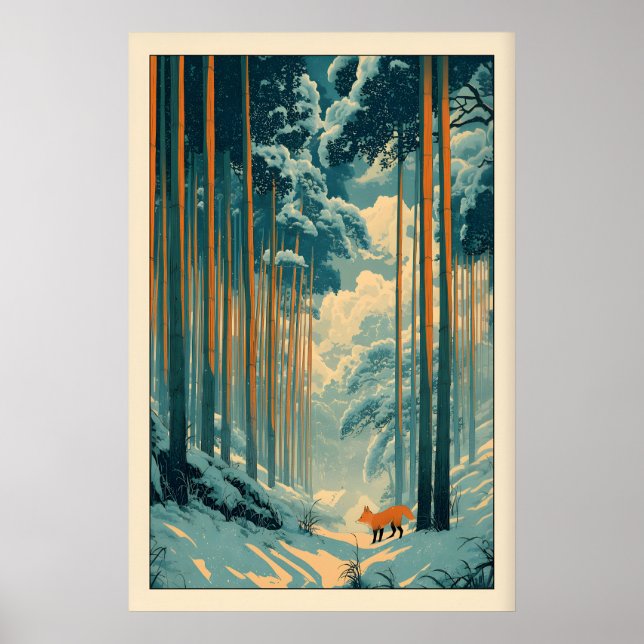 Fox Wall Art Print Winter Bamboo Forest - Vertical (Front)