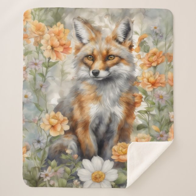 Fox Watercolor Artwork Sherpa Blanket (Front)