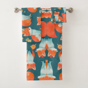 Fox Watercolor Colourful Personalised Pattern Bath Towel Set