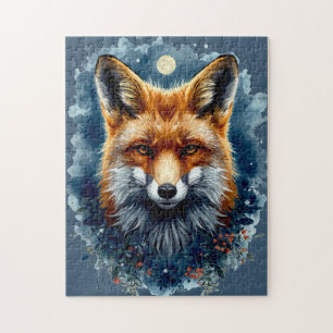 Fox Watercolor Moon Forest Animal Aesthetic Jigsaw Puzzle