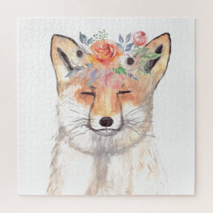 Fox watercolor Orange Brown Wildlife Art Animal Jigsaw Puzzle