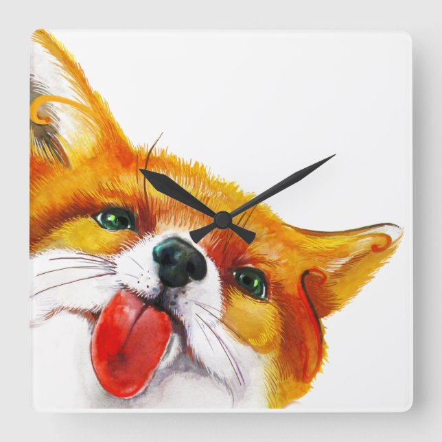 Fox Watercolor Square Wall Clock (Front)
