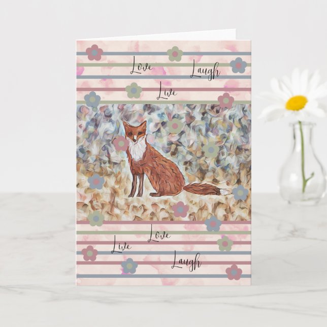 Fox WatercolorArt with Love, Live, Laugh pinks Card (Small Plant)