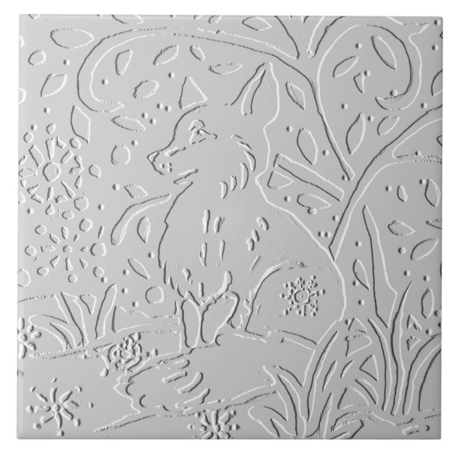 Fox White Grey Black Embossed  Woodland Snowflakes Ceramic Tile (Front)