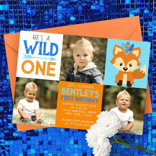 Fox Wild One 3 Photo First Birthday Invitation (Wild One Tribal Forest Fox 3 Picture Photo Invitation in Blue, Orange and Brown)