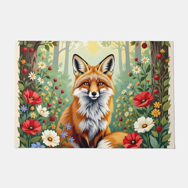 Fox Wildflower Forest Illustration Doormat (Front)
