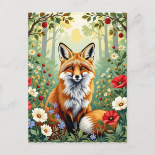 Fox Wildflower Forest Illustration Postcard
