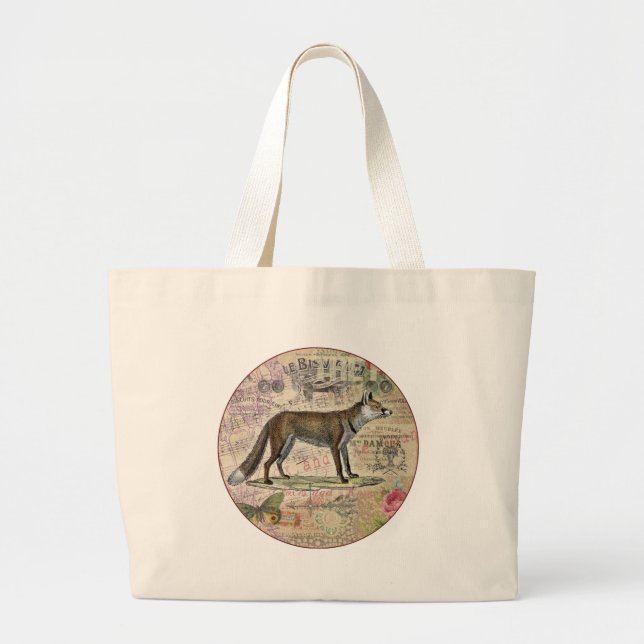 Fox Wildlife Vintage Animal Illustration  Large Tote Bag (Front)