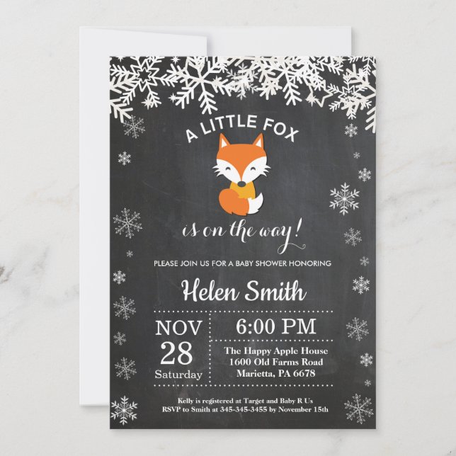 Fox Winter Baby Shower Chalkboard Invitation (Front)