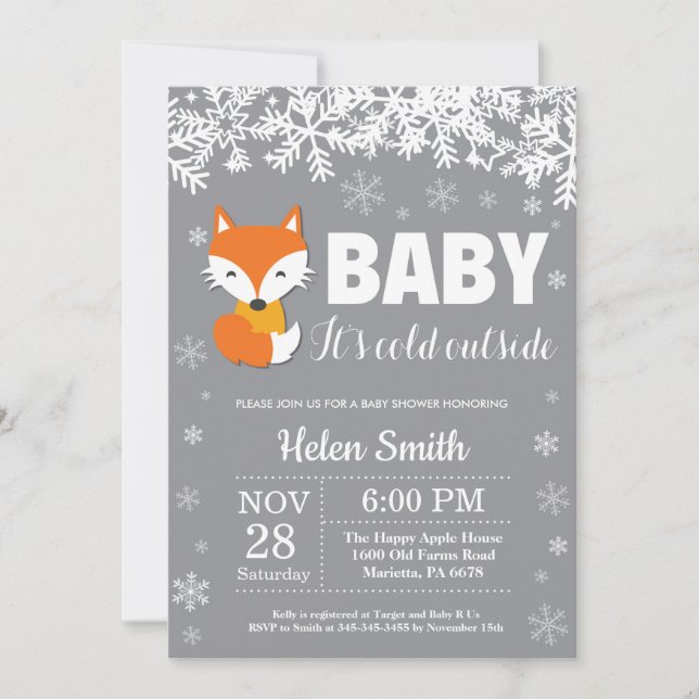 Fox Winter Baby Shower Snowflake Invitation (Front)