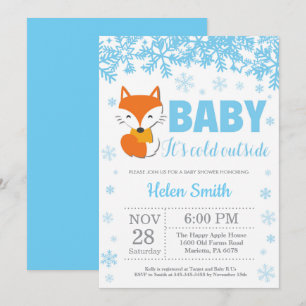 Fox Winter Blue Boy Baby Shower Snowflake Invitation