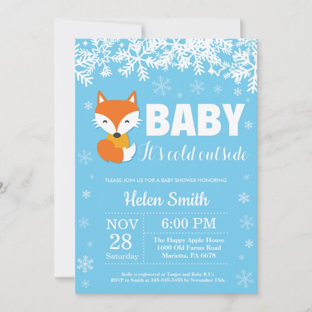 Fox Winter Blue Boy Baby Shower Snowflake Invitation (Front)