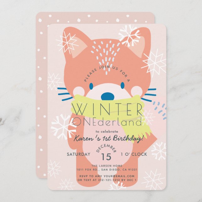 Fox Winter Onederland Pink 1st Birthday Invitation (Front/Back)