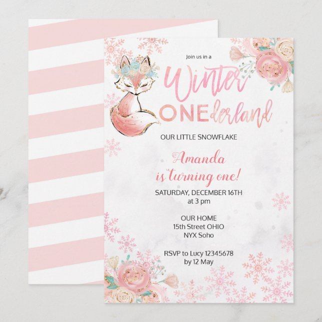 Fox Winter ONEderland Snow Birthday Invite (Front/Back)