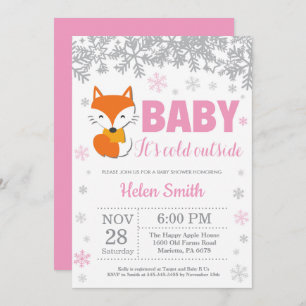 Fox Winter Pink Girl Baby Shower Snowflake Invitation