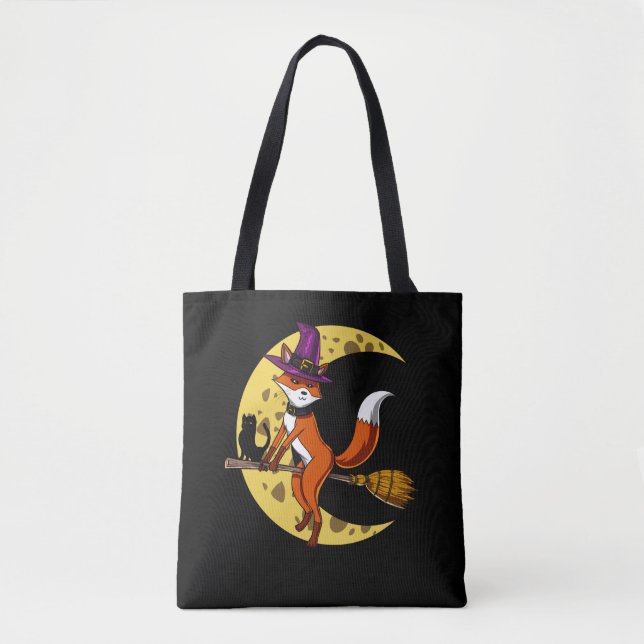 Fox Witch RIding A Broom Funny Halloween Animal Tote Bag (Front)