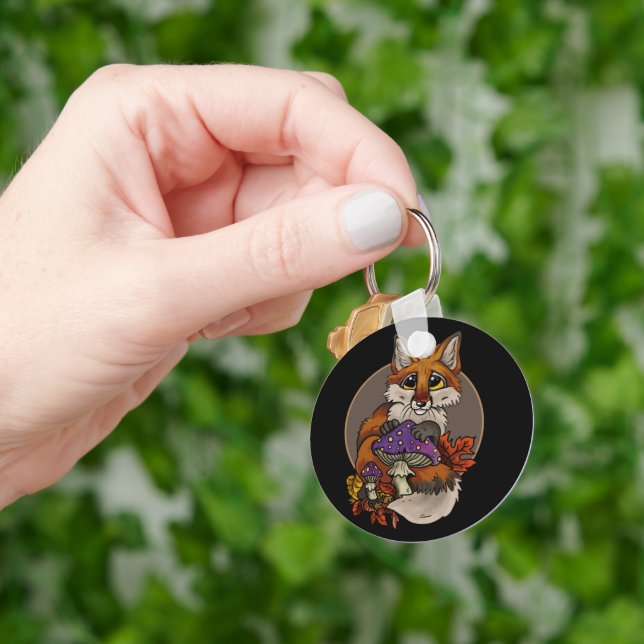 Fox with Autumn Toadstools  Button Key Ring (Hand)
