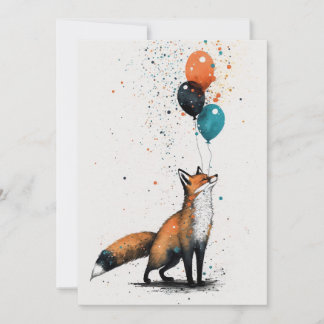 Fox with Balloon and Party Hat Flat Greeting Card