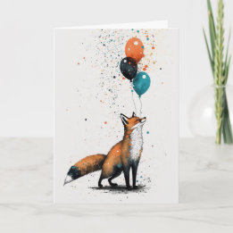 Fox with Balloon and Party Hat Greeting Card