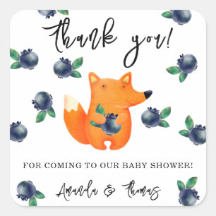 Fox with blueberries - thank you baby shower square sticker
