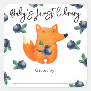 Fox with blueberry - baby's first library square sticker