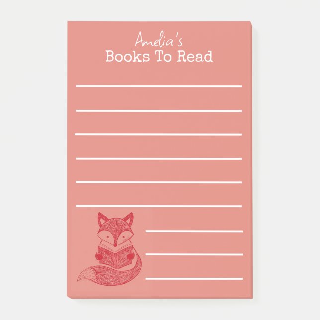 Fox with Book Personalised Reading list Post-it Notes (Front)