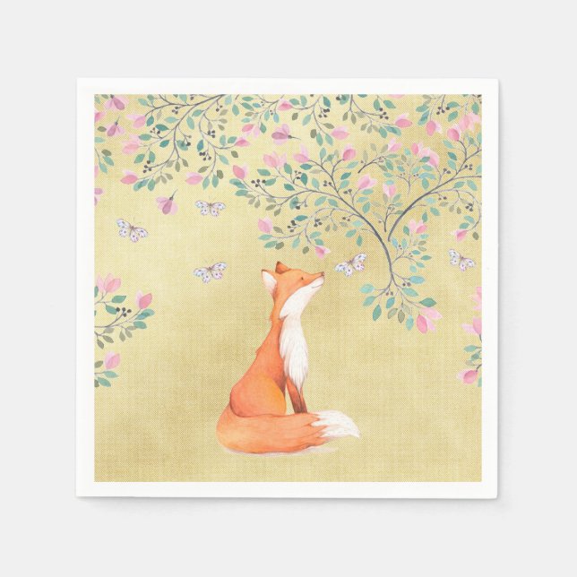 Fox with Butterflies and Pink Flowers Napkin (Front)
