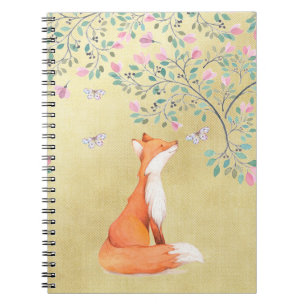 Fox with Butterflies and Pink Flowers Notebook