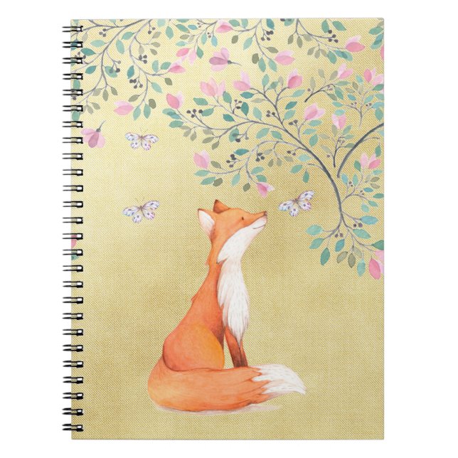 Fox with Butterflies and Pink Flowers Notebook (Front)