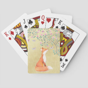 Fox with Butterflies and Pink Flowers Playing Cards