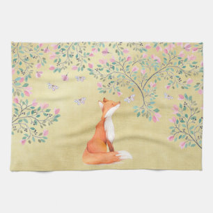 Fox with Butterflies and Pink Flowers Tea Towel