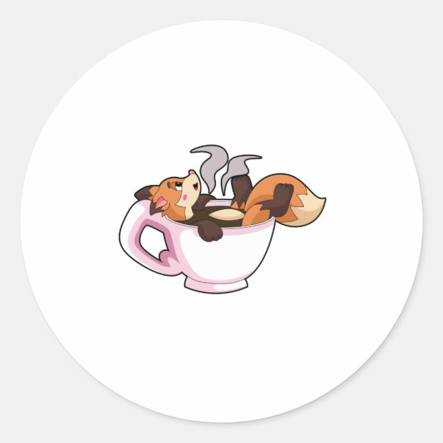 Fox with Coffee Cup Classic Round Sticker (Front)