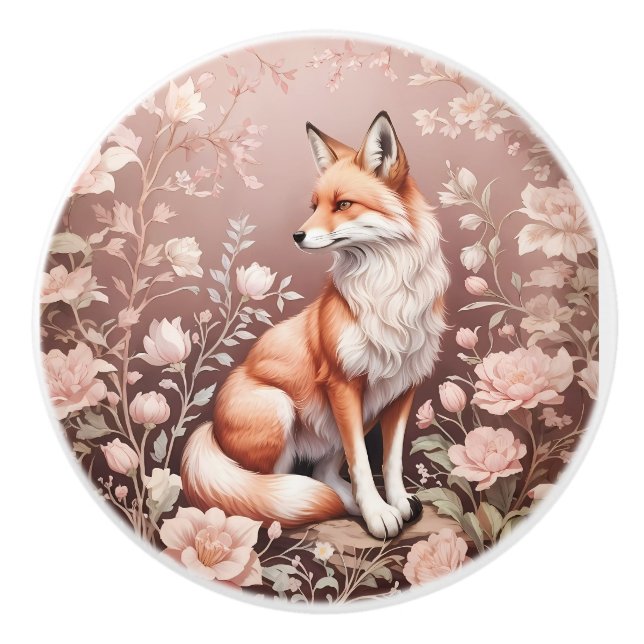 Fox With Dreamy Pink Floral Ceramic Knob (Front)