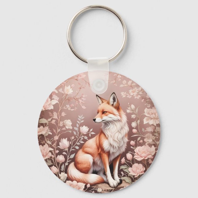 Fox With Dreamy Pink Floral Key Ring (Front)