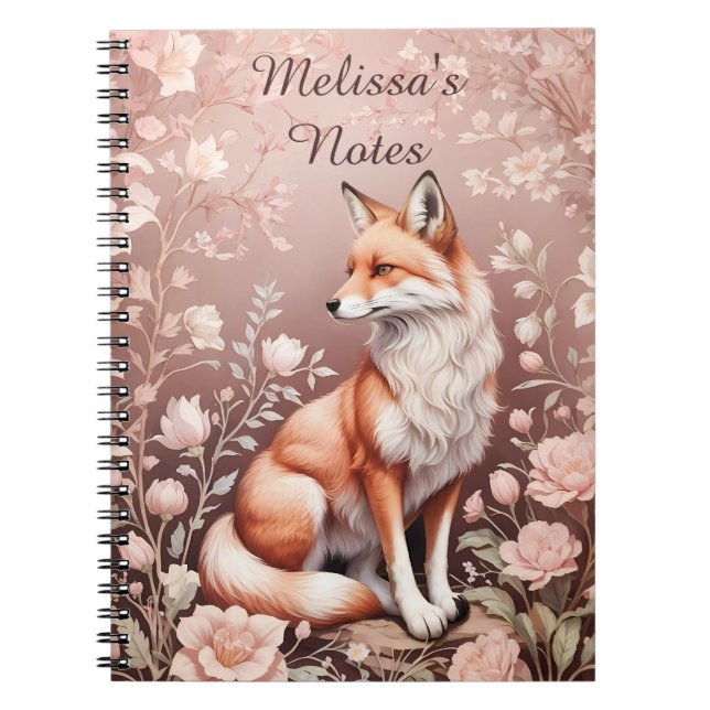 Fox With Dreamy Pink Floral - Personalised Name Notebook (Front)