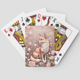Fox With Dreamy Pink Floral - Personalised Name Playing Cards