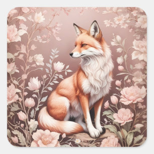 Fox With Dreamy Pink Floral Square Sticker