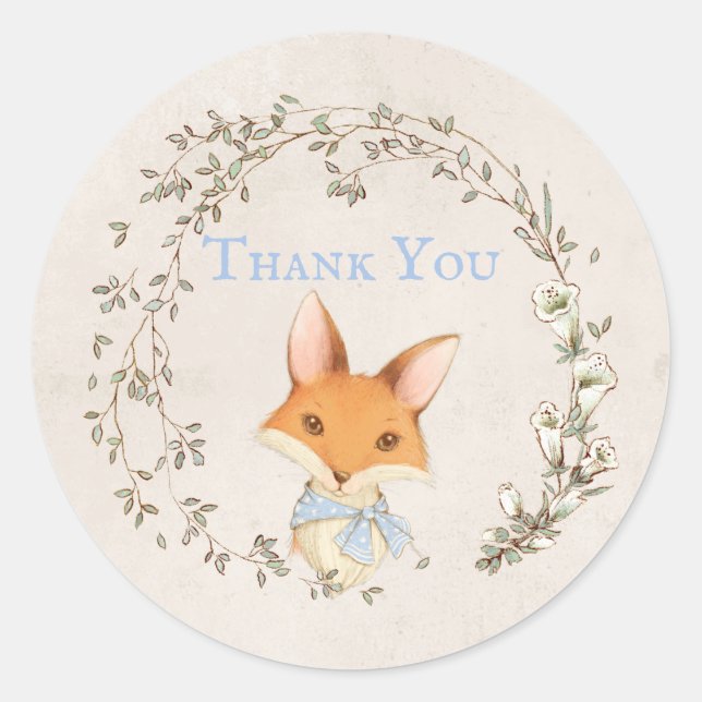 Fox with Floral Wreath Blue "Thank You" Sticker (Front)