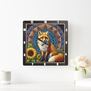 Fox with Mandala and Sunflower Vibrant Colors Square Wall Clock